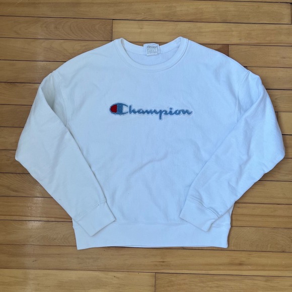 Champion Other - Champion Reverse Weave White Chenille Logo Sweatshirt Men Medium Pullover Fleece